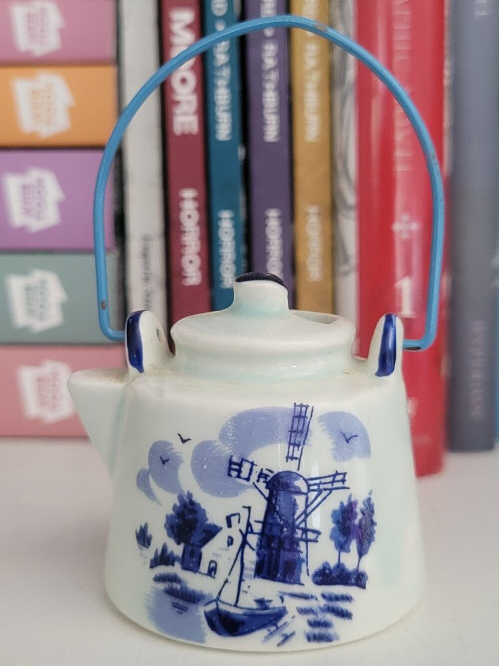Delft Blue Miniature Teapot Kettle Windmill Netherlands 3" Vintage